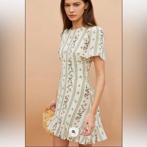 Reformation Cream Floral Mini Dress with Green and Pink Stripes